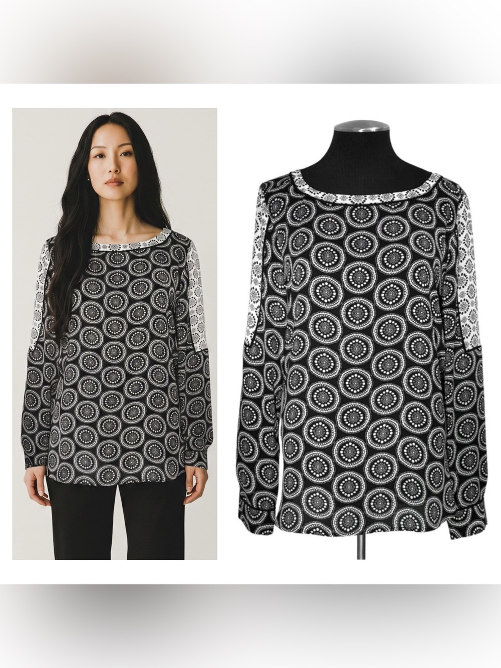 🆕 LOFT - Black and White Medallion Geometric Print Long Sleeve Top – Medium